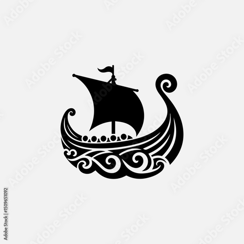 A classic black silhouette vector logo of a traditional Viking longboat sailing on stylized waves