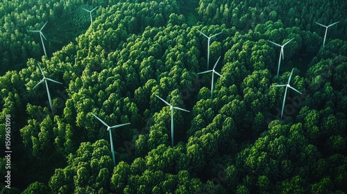 Fototapeta Naklejka Na Ścianę i Meble -  A serene forest landscape with a group of wind turbines standing amidst the trees, creating a harmonious blend of nature and technology.