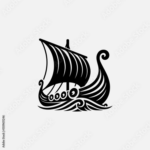 An intricate black silhouette vector logo of a traditional Viking longboat sailing on stylized waves