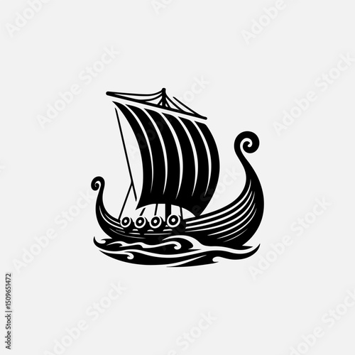 An intricate black silhouette vector logo of a traditional Viking longboat sailing on stylized waves