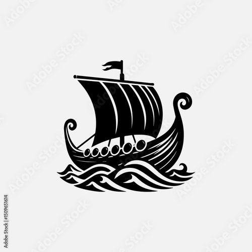 A detailed black silhouette vector logo of a traditional Viking longboat sailing on stylized waves