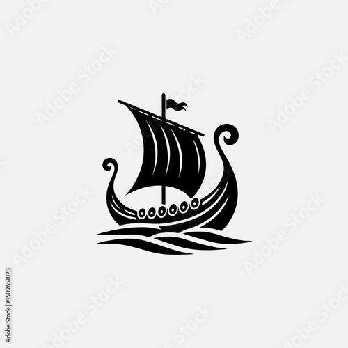 A detailed black silhouette vector logo of a traditional Viking longboat sailing on stylized waves