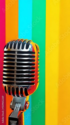 Vintage style microphone on vibrant colorful striped background, promoting voice performance and singing in studio.