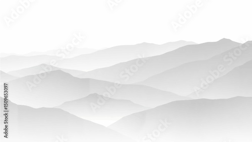 Create a minimalist vector illustration of layered mountain ranges in grayscale. The design should feature soft gradients and overlapping silhouettes to convey depth, with the closest mountains in dar