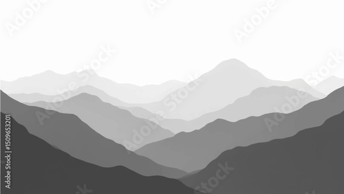 Create a minimalist vector illustration of layered mountain ranges in grayscale. The design should feature soft gradients and overlapping silhouettes to convey depth, with the closest mountains in dar