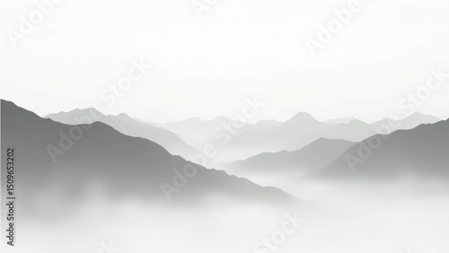 Create a minimalist vector illustration of layered mountain ranges in grayscale. The design should feature soft gradients and overlapping silhouettes to convey depth, with the closest mountains in dar