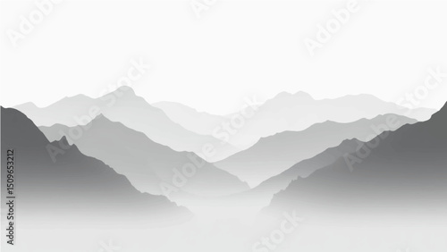 Create a minimalist vector illustration of layered mountain ranges in grayscale. The design should feature soft gradients and overlapping silhouettes to convey depth, with the closest mountains in dar