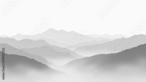 Create a minimalist vector illustration of layered mountain ranges in grayscale. The design should feature soft gradients and overlapping silhouettes to convey depth, with the closest mountains in dar