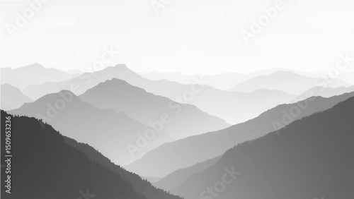 Create a minimalist vector illustration of layered mountain ranges in grayscale. The design should feature soft gradients and overlapping silhouettes to convey depth, with the closest mountains in dar
