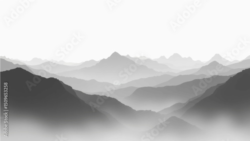 Create a minimalist vector illustration of layered mountain ranges in grayscale. The design should feature soft gradients and overlapping silhouettes to convey depth, with the closest mountains in dar