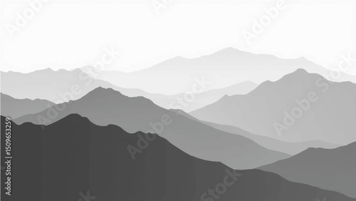 Create a minimalist vector illustration of layered mountain ranges in grayscale. The design should feature soft gradients and overlapping silhouettes to convey depth, with the closest mountains in dar