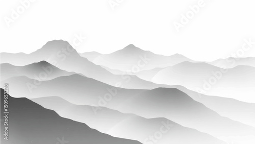Create a minimalist vector illustration of layered mountain ranges in grayscale. The design should feature soft gradients and overlapping silhouettes to convey depth, with the closest mountains in dar