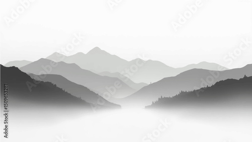 Create a minimalist vector illustration of layered mountain ranges in grayscale. The design should feature soft gradients and overlapping silhouettes to convey depth, with the closest mountains in dar