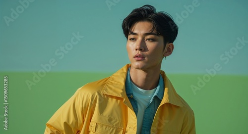 Asian guy in travel concept on green plain bright background fashion outfit commercial photoshoot pose with copy space