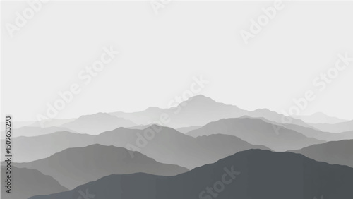 Create a minimalist vector illustration of layered mountain ranges in grayscale. The design should feature soft gradients and overlapping silhouettes to convey depth, with the closest mountains in dar