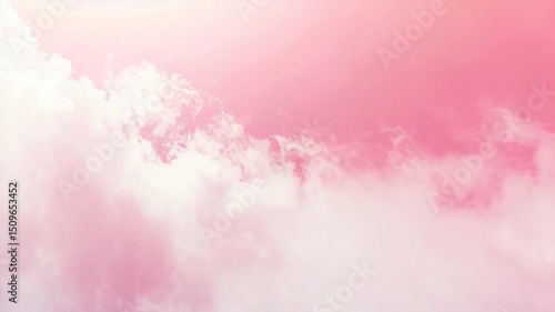 Soft pink clouds or fog billow across the sky, creating a dreamy and ethereal atmosphere, like something out of fairytale.