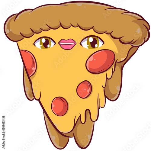 pizza slice sausage beef cheese Cute fast food Character Illustration 2D with expressive transparent background