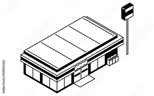 Convenience store, simple black and white line drawing isometric illustration