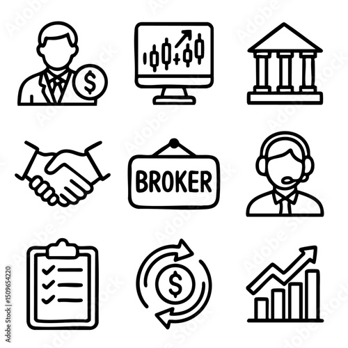 A set of doodle line icons illustrating finance, trading, broker services, investment, banking, and economic growth elements