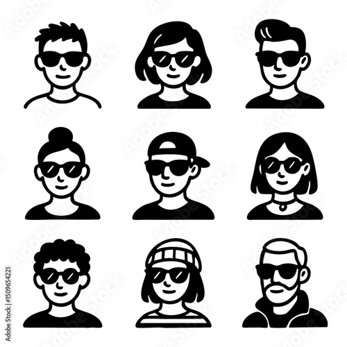 A set of doodle line icons featuring diverse people wearing sunglasses, showcasing trendy, modern, and casual avatar styles