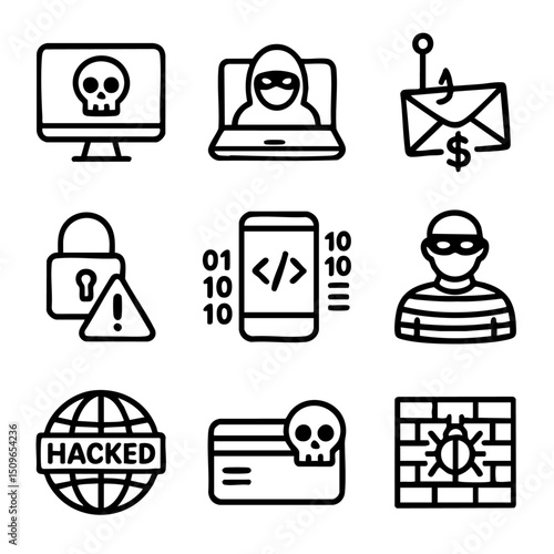 A set of doodle line icons depicting cybersecurity threats, hackers, phishing, malware, and digital fraud in online environments