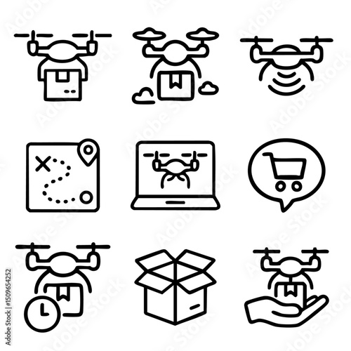 A set of doodle line icons showing drone delivery, shipping routes, ecommerce logistics, real-time tracking, and parcel handling