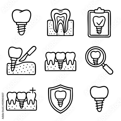 A set of doodle line icons showing dental implants, tooth anatomy, gum surgery, oral health care, and implant protection concepts
