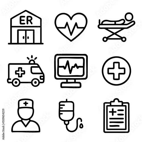 A set of doodle line icons showing emergency room, ambulance, vital signs, patient care, and essential hospital equipment