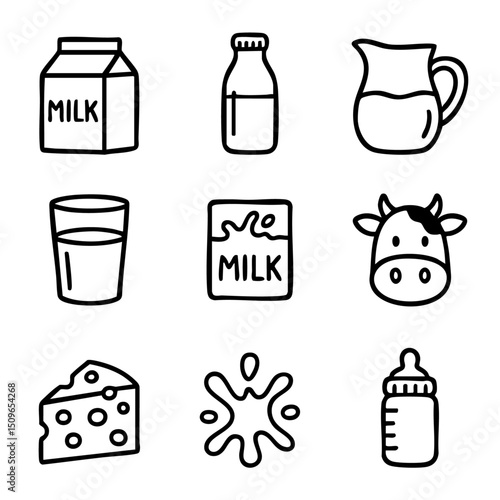 A set of doodle line icons featuring milk containers, dairy products, cheese, cow, glass of milk, and baby bottle illustrations
