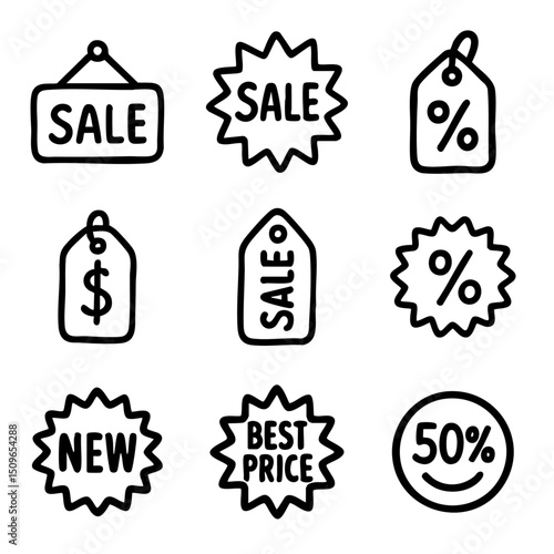 A set of doodle line icons featuring sale tags, percentage discounts, price labels, best deals, and promotional shopping symbols