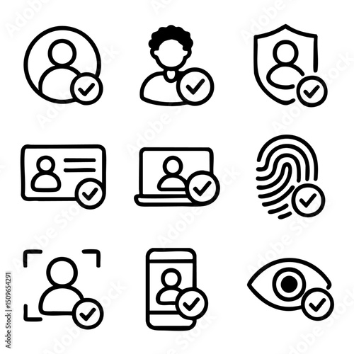 A set of doodle line icons representing user verification, ID check, biometric authentication, and secure identity confirmation methods