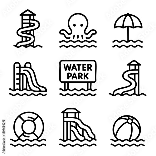A set of doodle line icons showing water park attractions including slides, pools, lifebuoys, beach balls, and fun summer elements