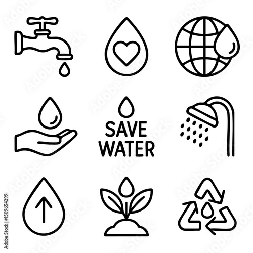 A set of doodle line icons promoting water conservation, eco-friendly practices, global sustainability, and smart water usage habits