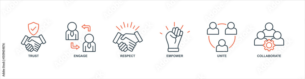 Obraz premium Inclusive banner web icon set vector illustration concept with icon of trust, respect, empower, unite, collaborate, engage
