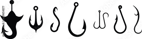 Fishing hook vector, Fish hook black silhouette set.