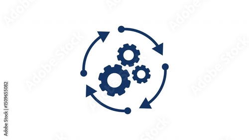 Seamless looping three blue gears with circular arrows icon animation on white background for process, automation, workflow, and management concepts