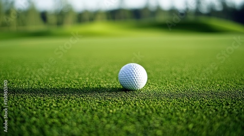 A white golf ball on a green grassy golf course with a blurred background of trees.