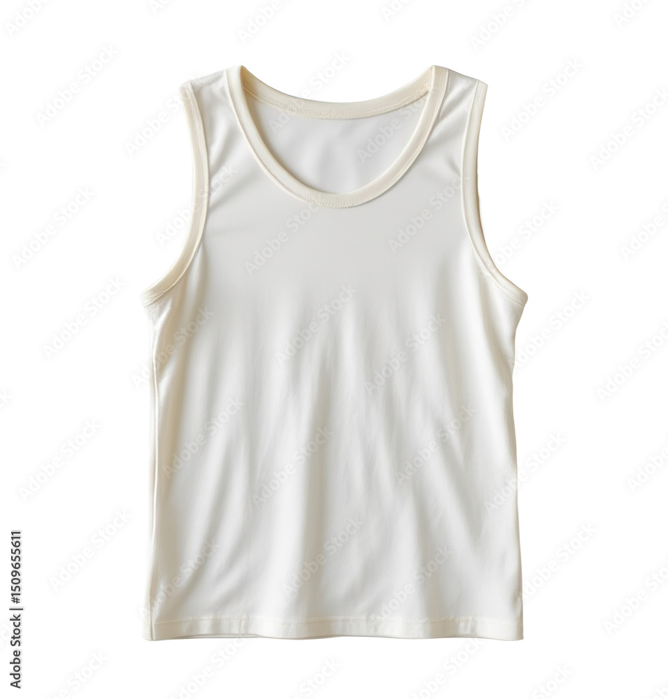 Sleeveless white tank top with a round neckline and simple, minimalist design. Sleeveless white tank top with a round neckline and simple, minimalist design.