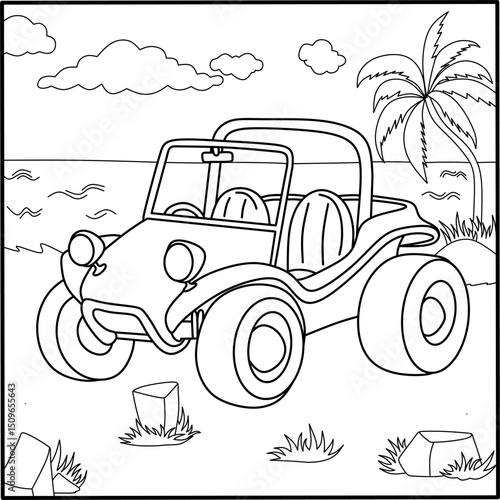 Cartoon dune buggy on tropical beach, fun coloring page for kids featuring an off-road car with palm tree and ocean background