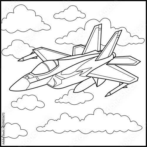 Cartoon fighter jet flying among clouds for coloring. Military aircraft outline for kids' printables, aviation themes, and activity sheets.