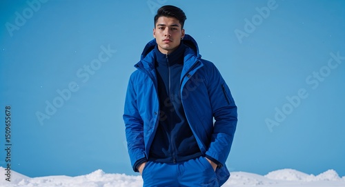 latin guy in winter concept on blue plain bright background fashion outfit commercial photoshoot pose with copy space