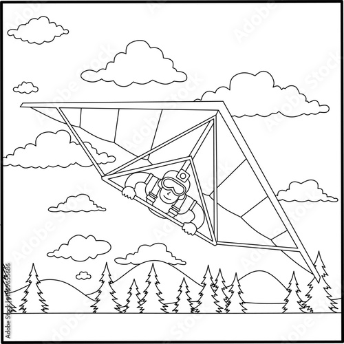 Cartoon hang glider with pilot flying over mountains. Extreme sport outline for kids' coloring, adventure themes, and outdoor activity sheets