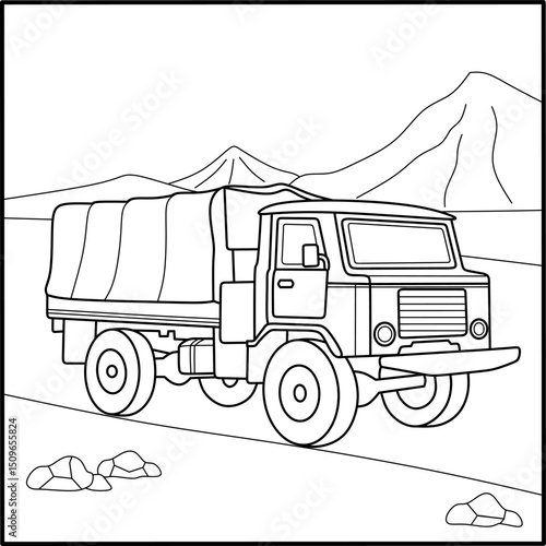 Rugged military truck with a canvas cover on a mountainous landscape, ideal as a detailed coloring page for army themes, vehicle enthusiasts, and tactical coloring book designs