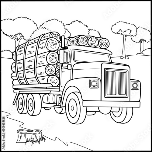 Heavy-duty logging truck carrying logs through a forest, perfect as a detailed coloring page for big vehicle themes, nature activities, and industrial coloring book designs.
