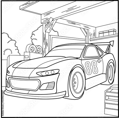 Sleek race car with number 88 in a garage setting, perfect as an exciting coloring page for car enthusiasts, racing themes, and dynamic coloring book designs