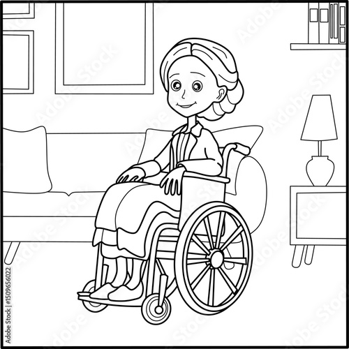 Woman in a wheelchair smiling in a living room, perfect for kids' printables, inclusivity themes, and daily life illustrations