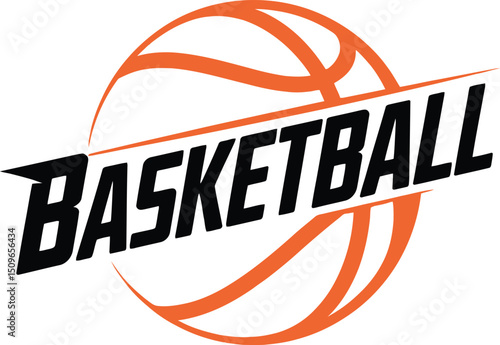 A basketball logo featuring an orange ball and the word basketball in bold black letters across it