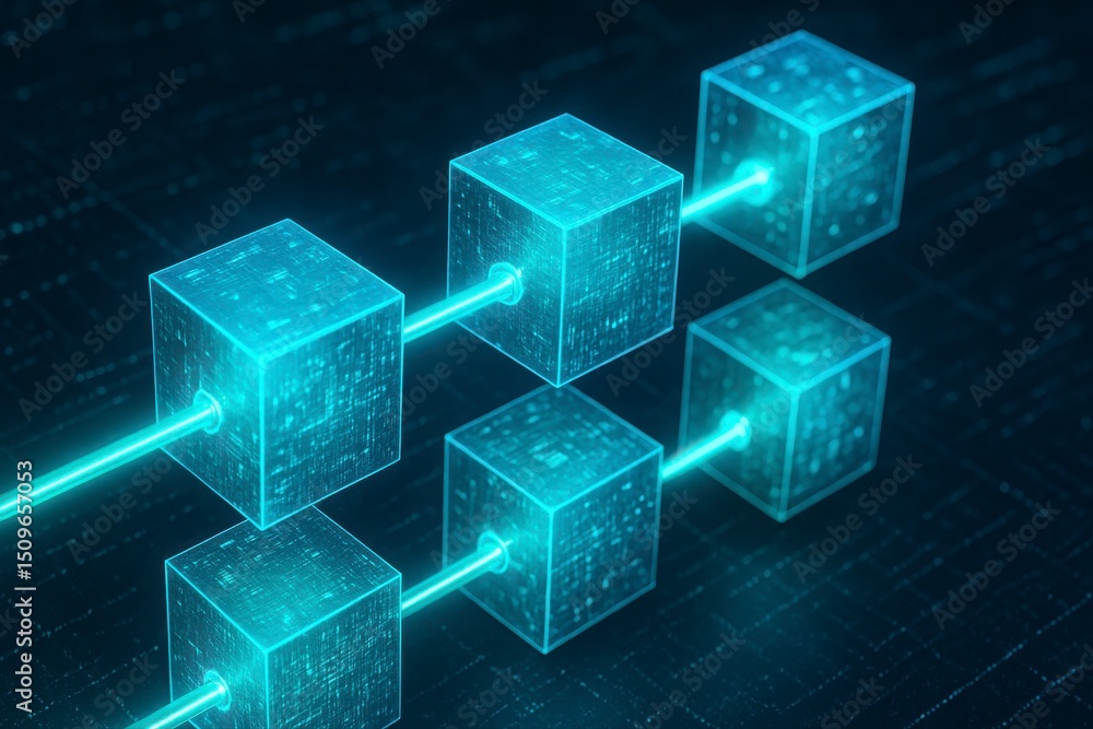 Glowing blue cubes connected by lines on a dark background network view Glowing blue cubes connected by lines on a dark background network view