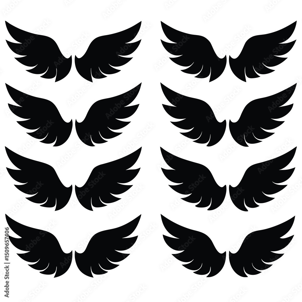 Obraz premium Black silhouette wings set repeating vector design on white background for versatile applications