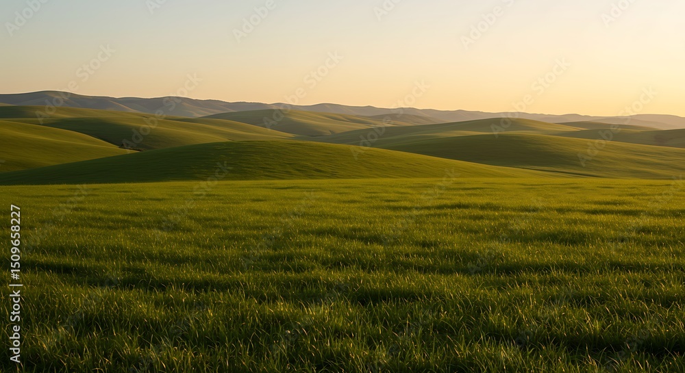 Obraz premium Serene Rolling Hills Landscape at Sunset Breathtaking View of Undulating Green Fields